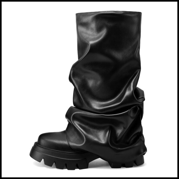 Shoes - Silver Glitter Platform Boots Fold Over Slouchy Wide Calf Chunky Heel